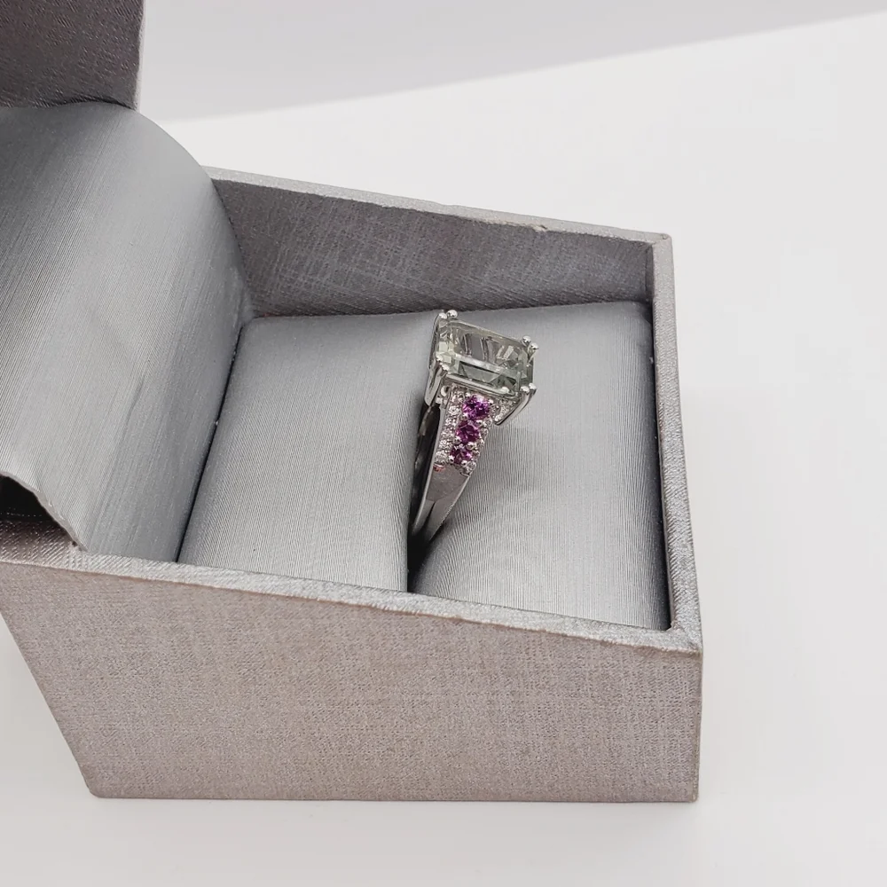 Emerald Cut Montezuma Prasiolite & Pink Tourmaline 925 Sterling Silver Ring
